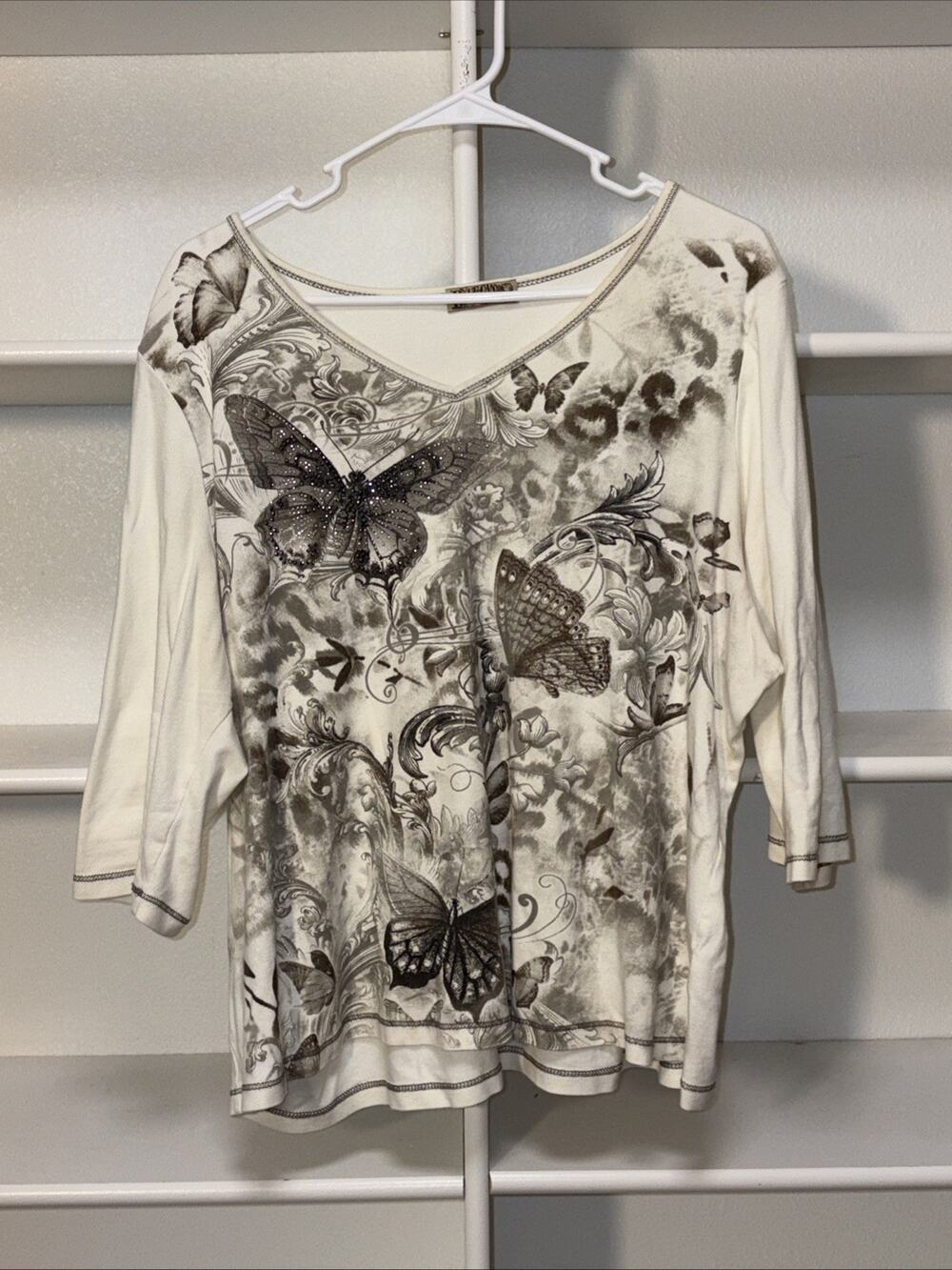 Vtg. Blue Canyon Women's Butterfly Floral 3/4 Sleeve Blouse Size Off White XL